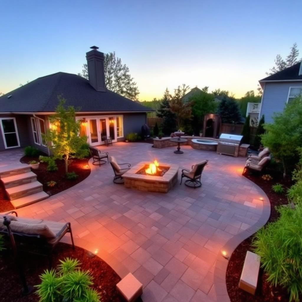 Backyard paver patio with fire pit and outdoor living space