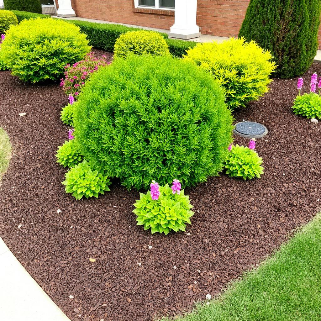 Freshly installed mulch around manicured shrubs