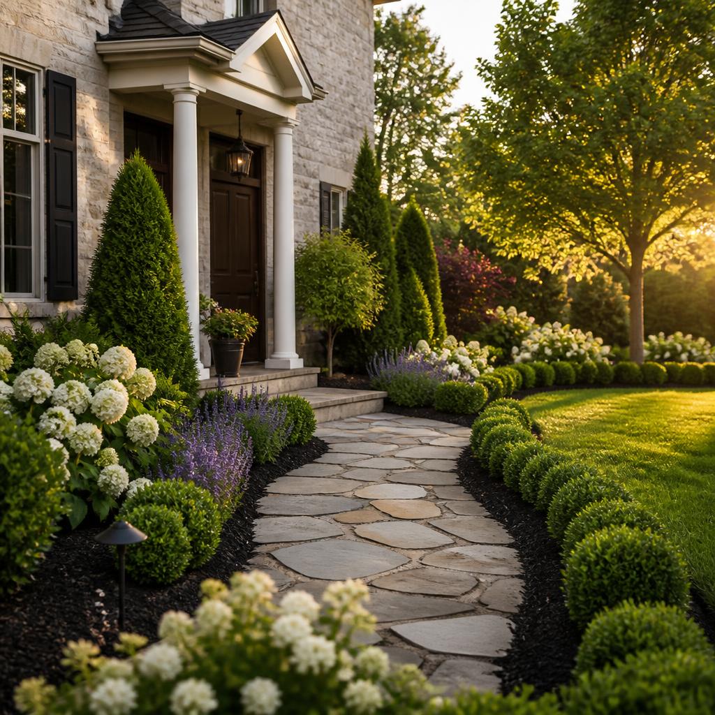 Front yard flagstone walkway with fresh mulch beds and flowering shrubs