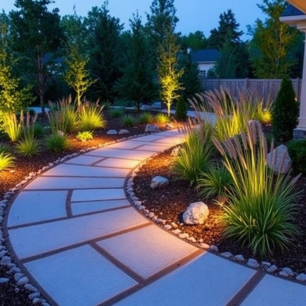 Modern landscape design with stone pathway and ornamental grasses