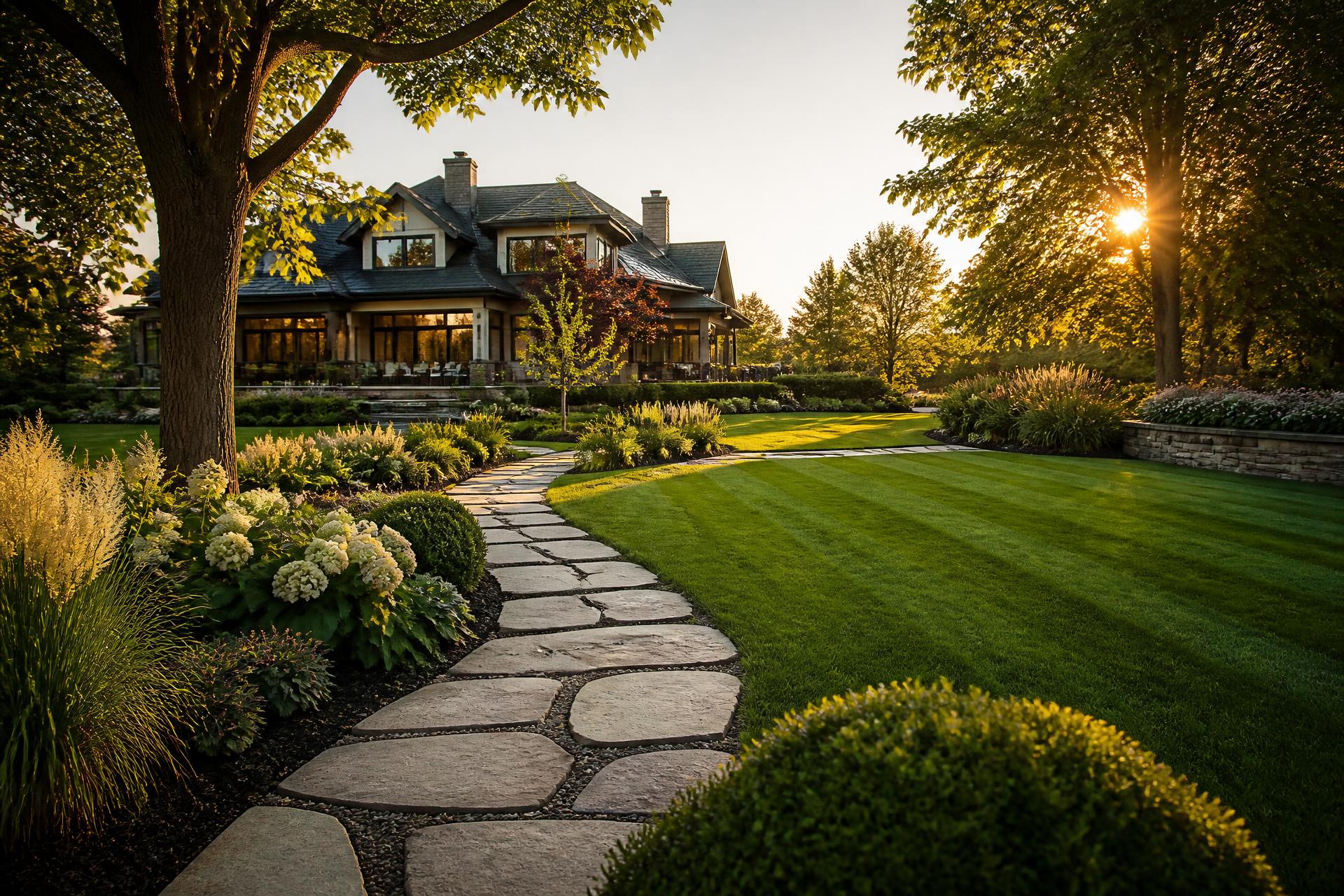 Beautifully maintained lawn and landscape in front of an upscale home